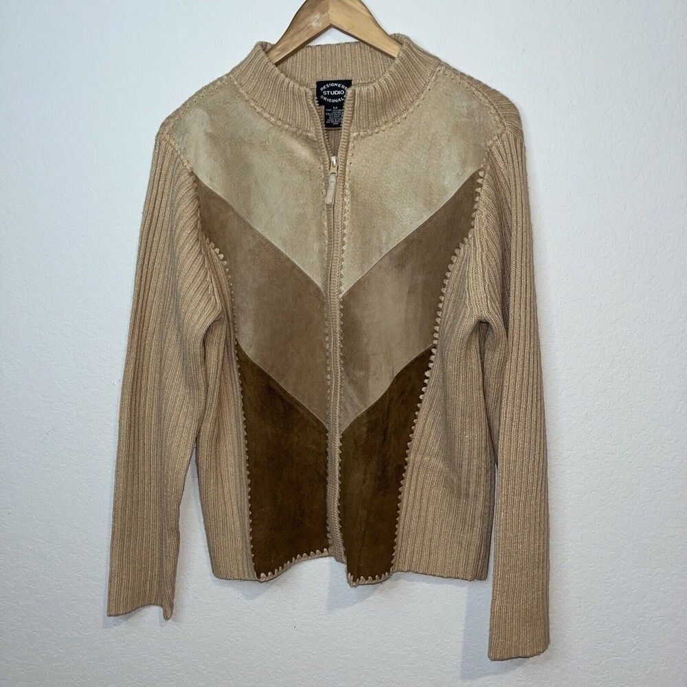 Designers Originals Patchwork suede Front Zip Up Cardigan Sweater Medium